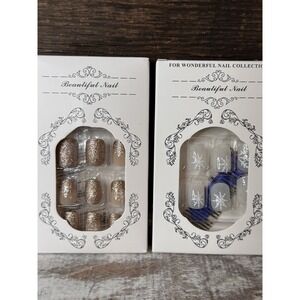 Press-On Nail 2 Sets Champagne Glitter & Milky Snowflake | Stocking Stuffer Idea